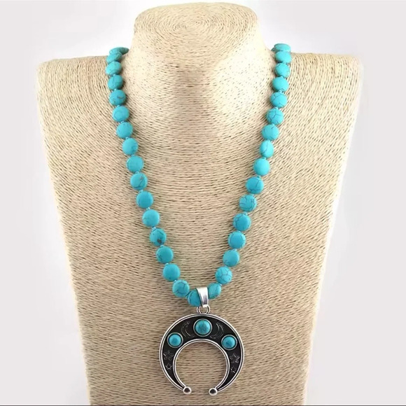 Turquoise Moon Natural Stone Beads Bohemian Western Necklace - Picture 1 of 8